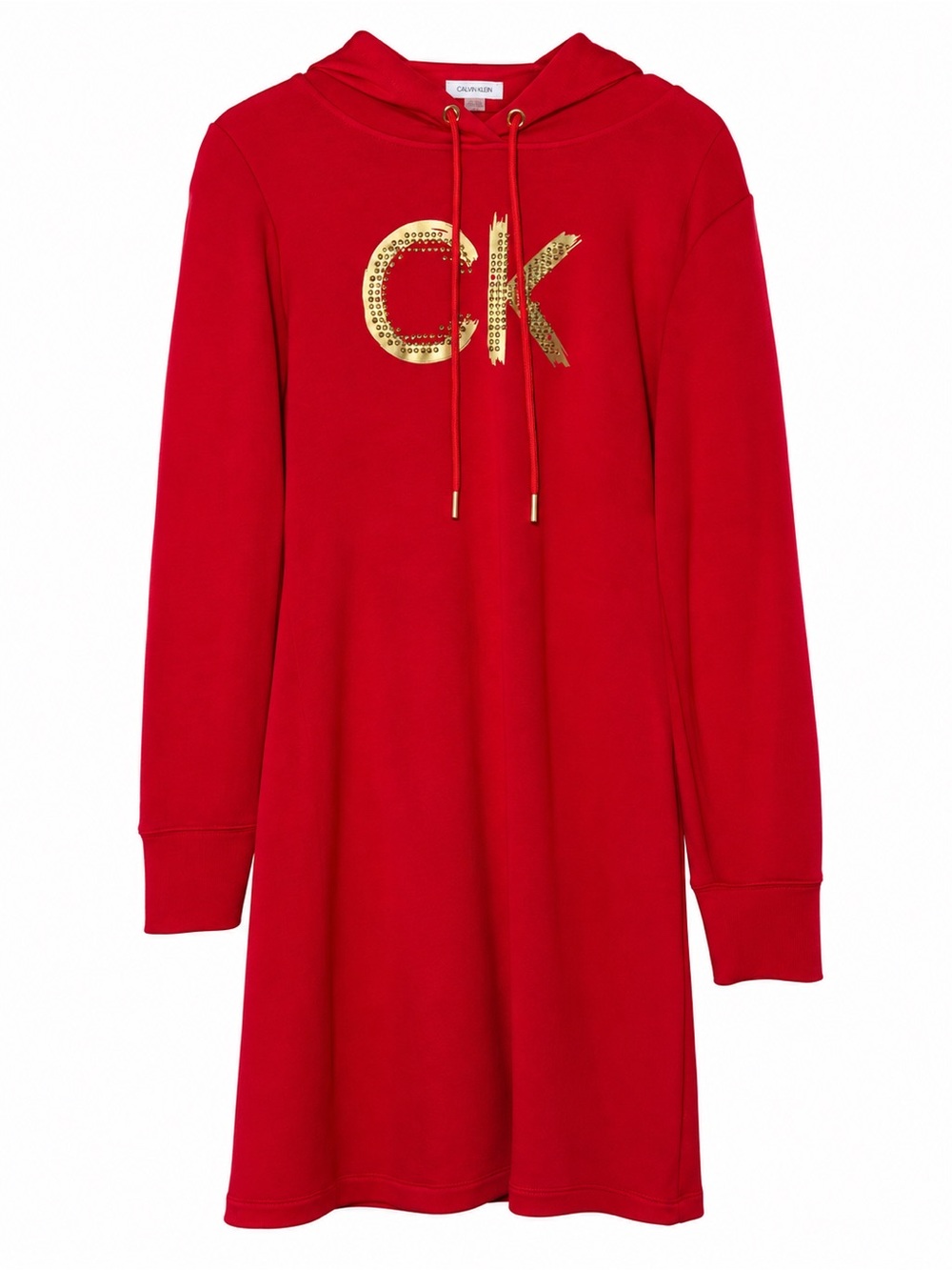 Calvin Klein Red Hoodie Dress with Gold Logo Accents